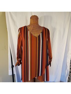 Est. 1948 Women's Striped Slit Sleeve V-Neck Blouse - Orange/Brown/Blue - L
